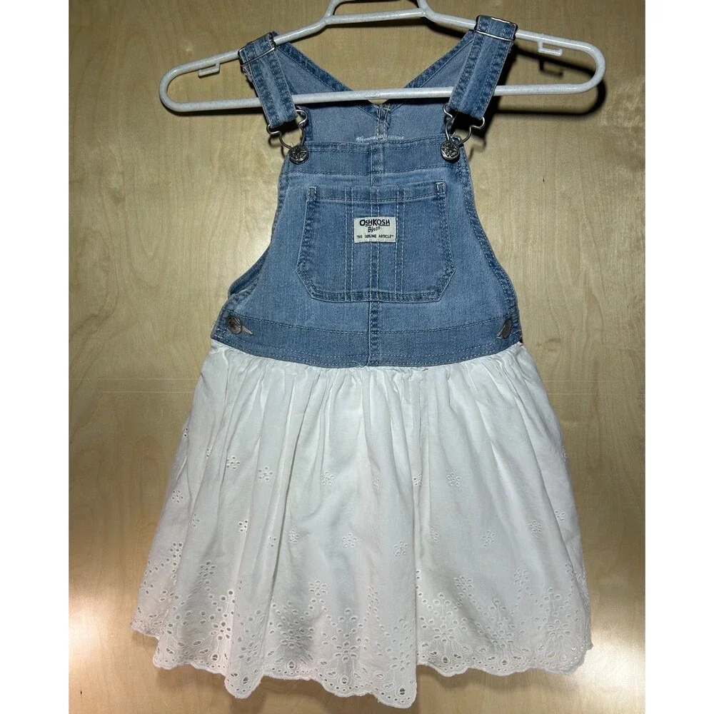 OshKosh B'gosh Vintage Toddler Denim & White Eyelet Lace Jumper Dress 5T